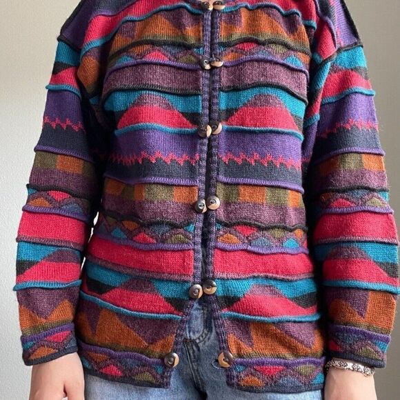 Vintage Iscayo Pure Alpaca Coogi Style Wool Rainbow Peruvian Cardigan Sz S - Picture 6 of 11